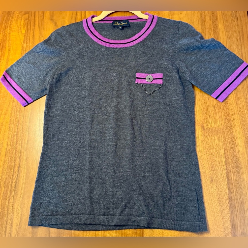 Luisa Spagnoli 100% Pure Wool Grey Crewneck with Purple Trim and Chain Detail